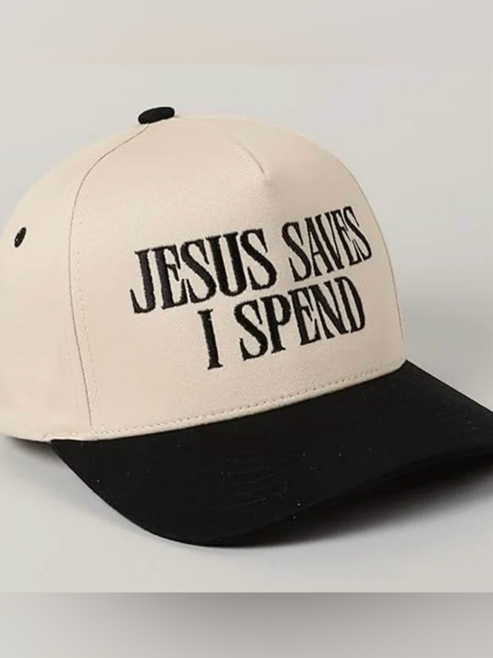 Jesus Saves I Spend Embroidered Trucker Hat Black & Cream Adjustable NWT - Picture 4 of 6